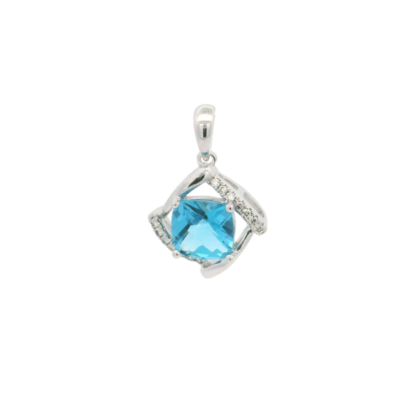 14k White Gold Swiss Blue Topaz and Diamond Pendant