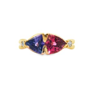 07-00108 Ring 14kt YG 7x7 Trillion Tanzanite & Pink Tourmaline w/.06TW Dia's 3.4 grams