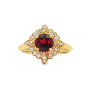 14K Yellow Gold Round Garnet and Diamond Ring