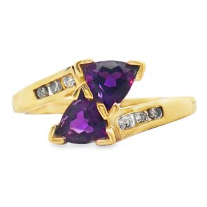 14K Yellow Gold 2 Trillion Amethyst and Diamond Ring
