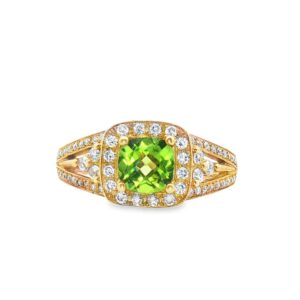 14K Yellow Gold Cushion Shape Peridot and Diamond Ring