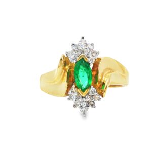 0261-10 Ring 14KT YG 7x3mm Marquis Emerald w/.30 TW Dia's 4.82 grams