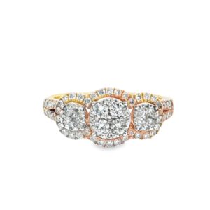 14K Yellow Gold 3 Diamond Clusters Ring with Diamond Halo