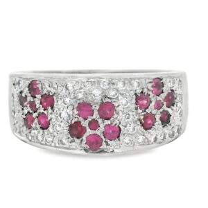18K White Gold 18 .35ct Ruby and 35 Diamond .25ct Wide Band Flower Pave Style Ring 6.64g