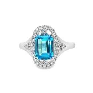14K White Gold Blue Topaz Octagon Ring with Diamonds