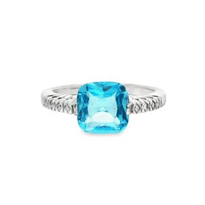 14K White Gold Blue Topaz Cushion with Diamonds