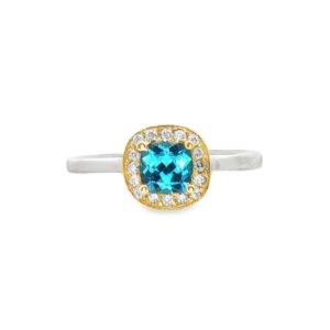 14K Yellow and White Gold Cushion Blue Topaz and Diamond Ring