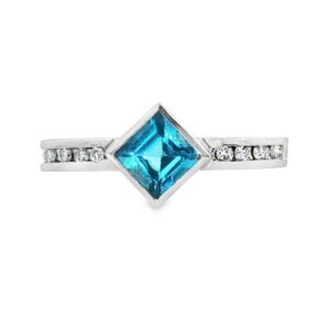 14K White Gold Princess Cut Blue Topaz Ring with Diamonds