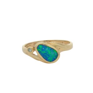14K Yellow Gold Mosaic Opal Bezel Set Ring with Diamond