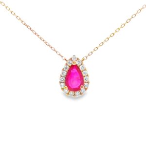 14K Yellow Gold 0.48ct Ruby Pear Pendant Necklace with 15 Diamonds 0.13ct, 0.95g
