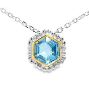 Sterling Silver and 18K Blue Topaz Hexagon Pendant on a 18" cable chain Necklace