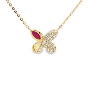 14K Yellow Gold Diamond and Ruby Butterfly Necklace