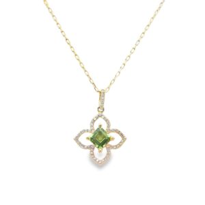 14K Gold Yellow Peridot and Diamond Necklace with 53 Round Stones