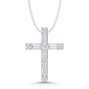 10K White Gold Lab Grown Diamond 1/4 Ct.Tw. Round and Baguette Cross Pendant