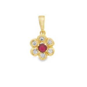 14K Yellow Gold Ruby and 6 Diamond .10ct Flower Pendant