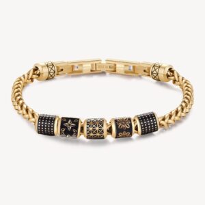 9 inch stainless steel bracelet and 14K gold pvd coating with black enamel.