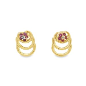 14K Yellow Gold Rubies & Diamond Flower Design Earrings