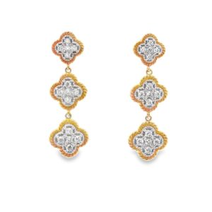 14KT Two Tone Diamond Triple Clover Drop Earrings