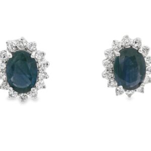 14K White Gold 5x7 Ceylon Sapphire Stud Earrings with .40ct Diamond Halo