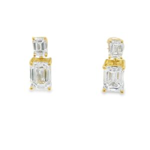 14K Yellow Gold Emerald Box Cut Lab Grown Diamond Earrings 12mm