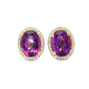 18K Yellow Gold Amethyst Oval Earrings with Diamonds