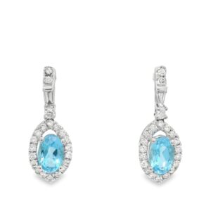 14K White Gold Oval Blue Topaz and Diamond Earrings for Women