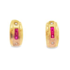 14K Yellow Gold Rubies and Diamond Huggie Earrings