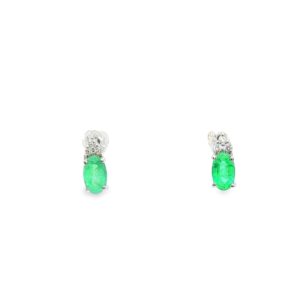 14K White Gold Oval Emerald and Diamond Earrings