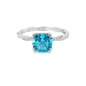 14K White Gold Blue Topaz Cushion Ring with Diamonds
