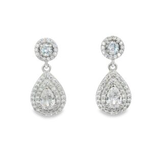 Silver Pear and Round CZ Halo Door Knocker Earrings 2.76g