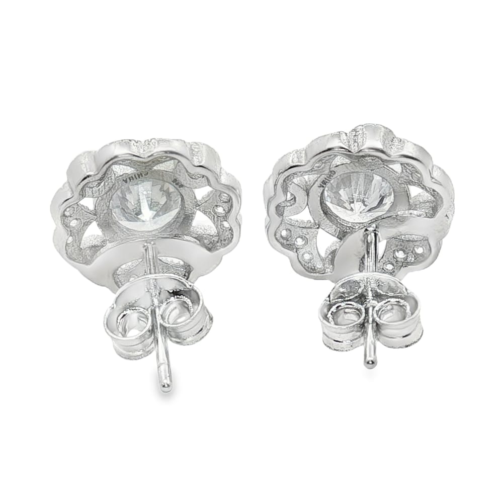 925 Silver Round Shaped Cubic Zirconia Flower Stud Earrings for Women 2.60g