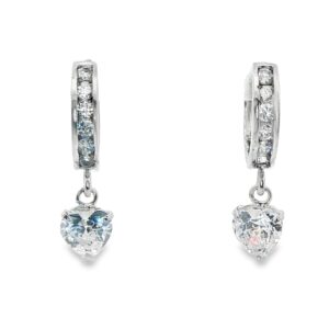 Sterling Silver Cubic Zirconia Huggie Earrings with a Dangling Heart