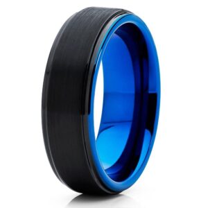 04-00335 Flat Bev Edges Blk Tungsten Ring w Brushed Center and Vibrant Blue inside. Width 8mm and size 10