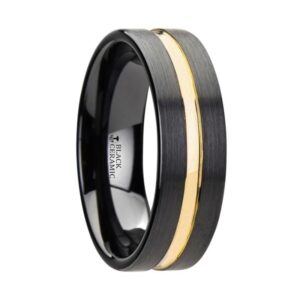 04-00348 Black Ceramic wedding band w yellow gold groove width 6mm and size 11