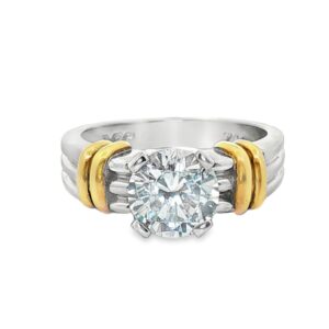 Ladies Platinum Shank Semi-Mount Engagement Ring with 4 Yellow Bars, holding Round Cubic Zirconia 11.2 grams