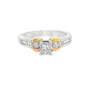 18K Gold and Platinum Princess Engagement Ring with 14 Diamond Side Stones