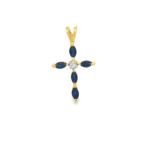 14K Yellow Gold Sapphire Cross Pendant with a Diamond Accent
