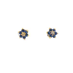 10K Yellow Gold Lab Created Sapphire Flower Shaped Stud Earrings with Diamond Accents