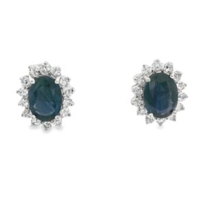 14K White Gold 5x7 Ceylon Sapphire Stud Earrings with .40ct Diamond Halo