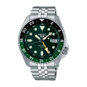 Men's Seiko 5 Sports Green Dial GMT Stainless Steel Automatic Watch - SSK035
