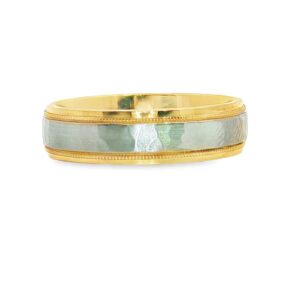 14K Two Toned Art Carved Hammered Gold with Milgrain Edge Wedding Band