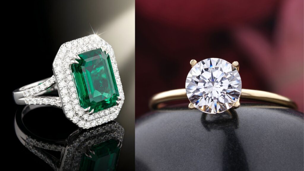 a collage image of an emerald diamond ring on the left side and a round diamond ring on the right side comparing the two