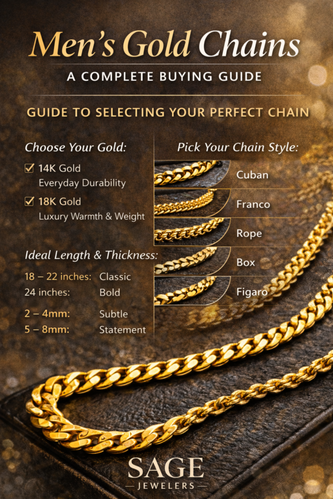an image displaying a gold chain buying guide with various yellow gold 14k and 18k gold chains and styles