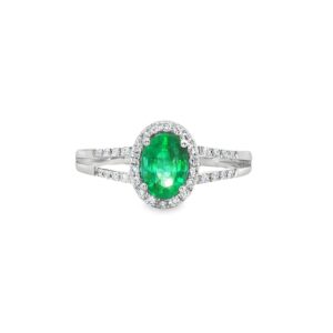 18K White Gold Oval Emerald Ring with Diamond Halo