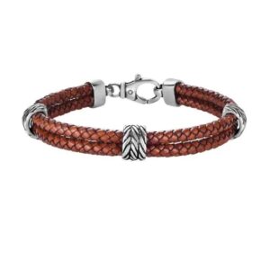 Silver 8.25" woven brown texture leather double strand bracelet