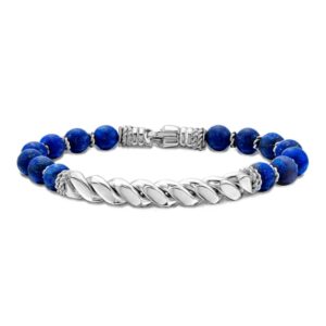 Sterling Silver Men's Italian Cable Twist Bar 8" Bracelet with Blue Lapis Beads