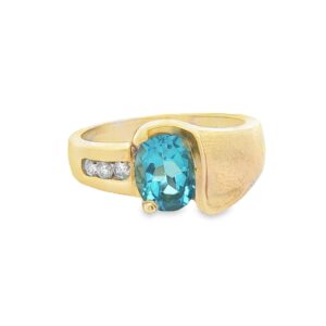 14K Gold Oval Blue Topaz and Diamond Ring for Women