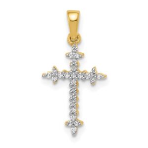 14K Yellow Gold and White Rhodium 1/10 carat Natural Diamond Fleur de Lis Cross Pendant