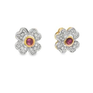 14K Yellow Gold Ruby and Diamond Floral Earrings | 0.42ctw Ruby, 0.20ctw Diamonds
