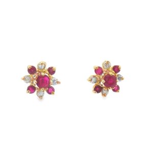 14K Yellow Gold Ruby and Diamond Flower Design Earrings